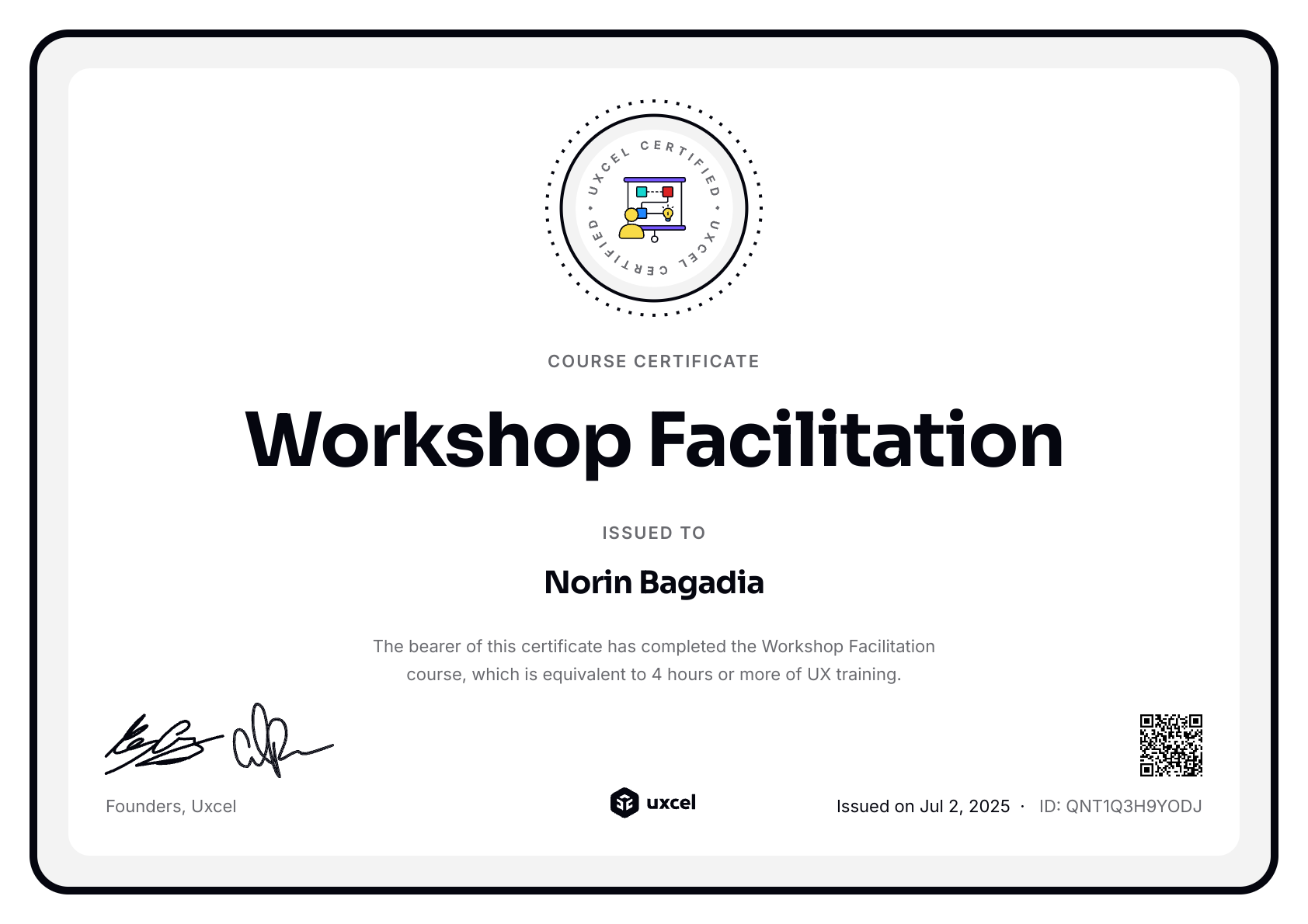 Norin Bagadia's certificate